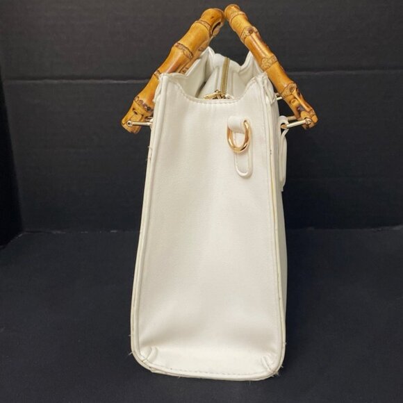 White Faux Leather Handbag w/ Bamboo Double Handles Free Standing Footed - Picture 2 of 11